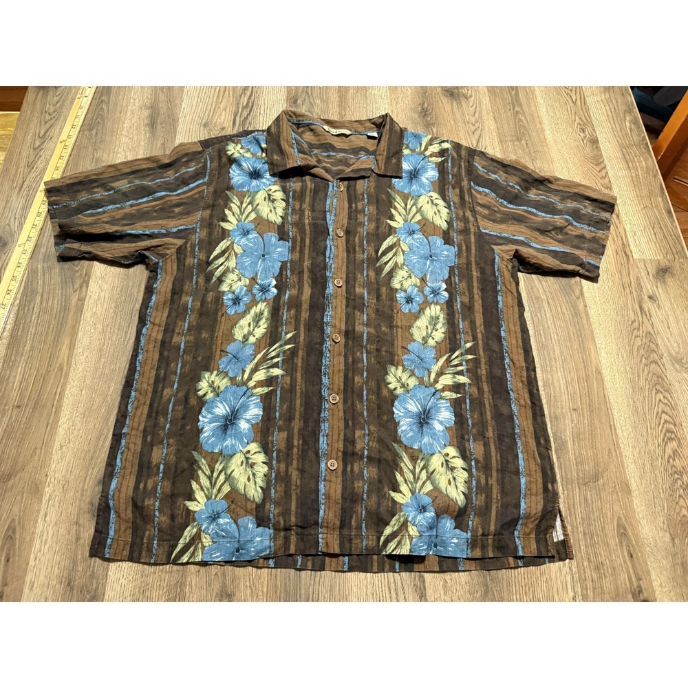 Tommy Bahama Shirt Men Size XL Brown Button Down Floral Striped Silk Casual